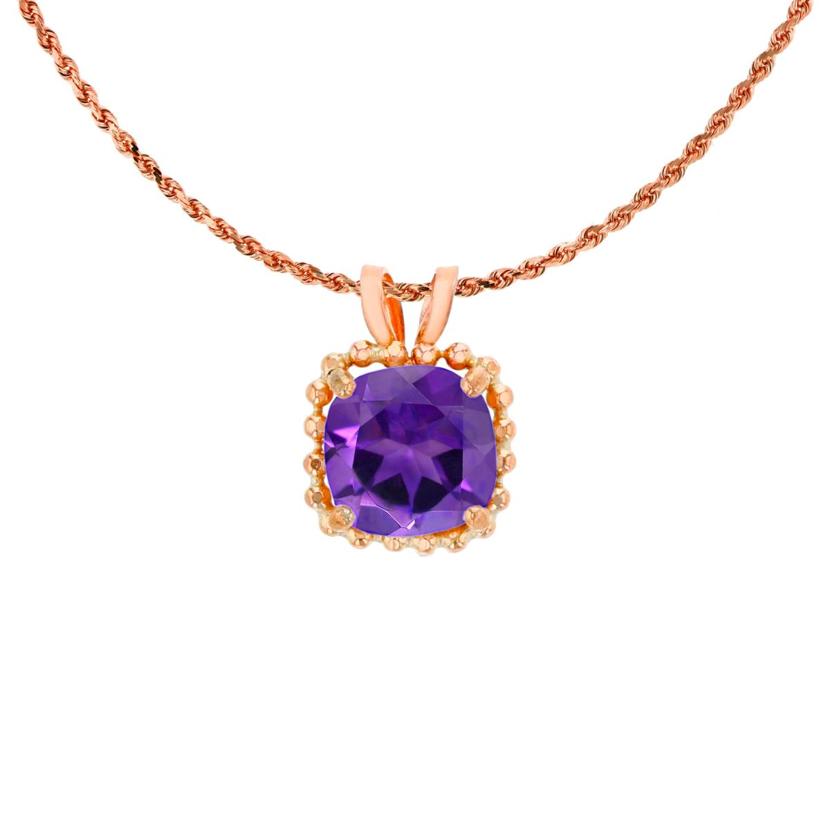 14K Rose Gold 6mm Cushion Cut Amethyst Bead Frame Rabbit Ear 18" Rope Chain Necklace