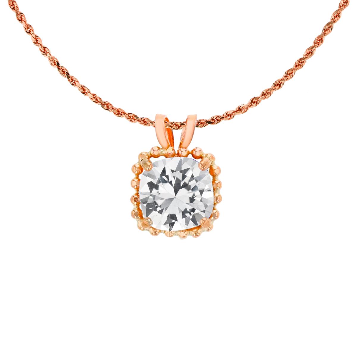 14K Rose Gold 6mm Cushion Cut Created White Sapphire Bead Frame Rabbit Ear 18" Rope Chain Necklace