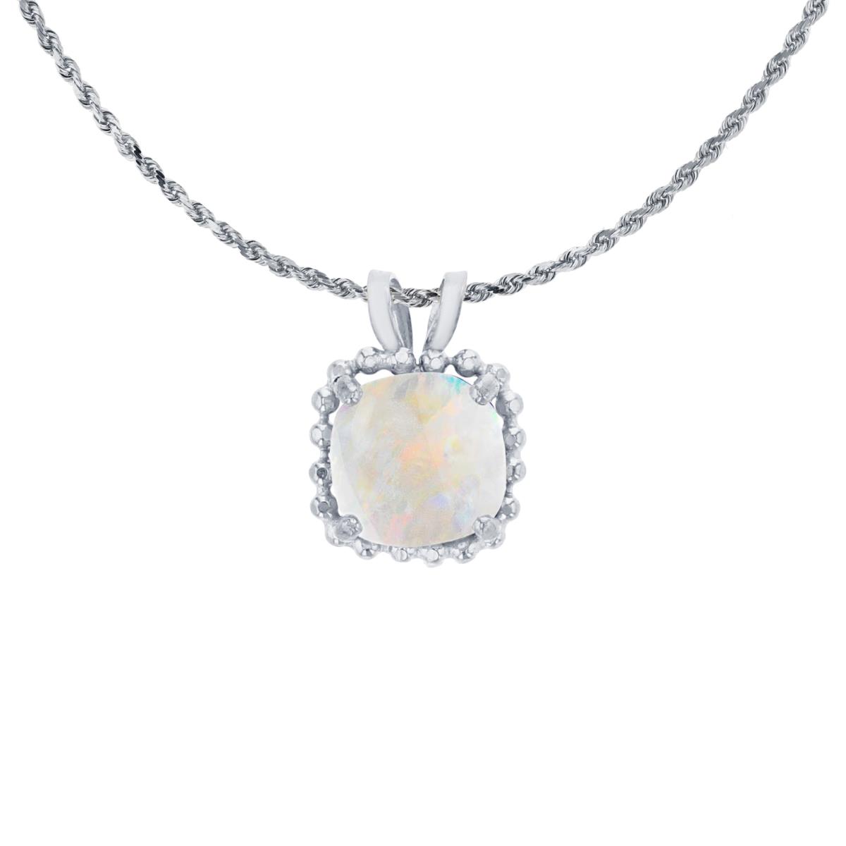 10K White Gold 6mm Cushion Cut Created Opal Bead Frame Rabbit Ear 18" Rope Chain Necklace