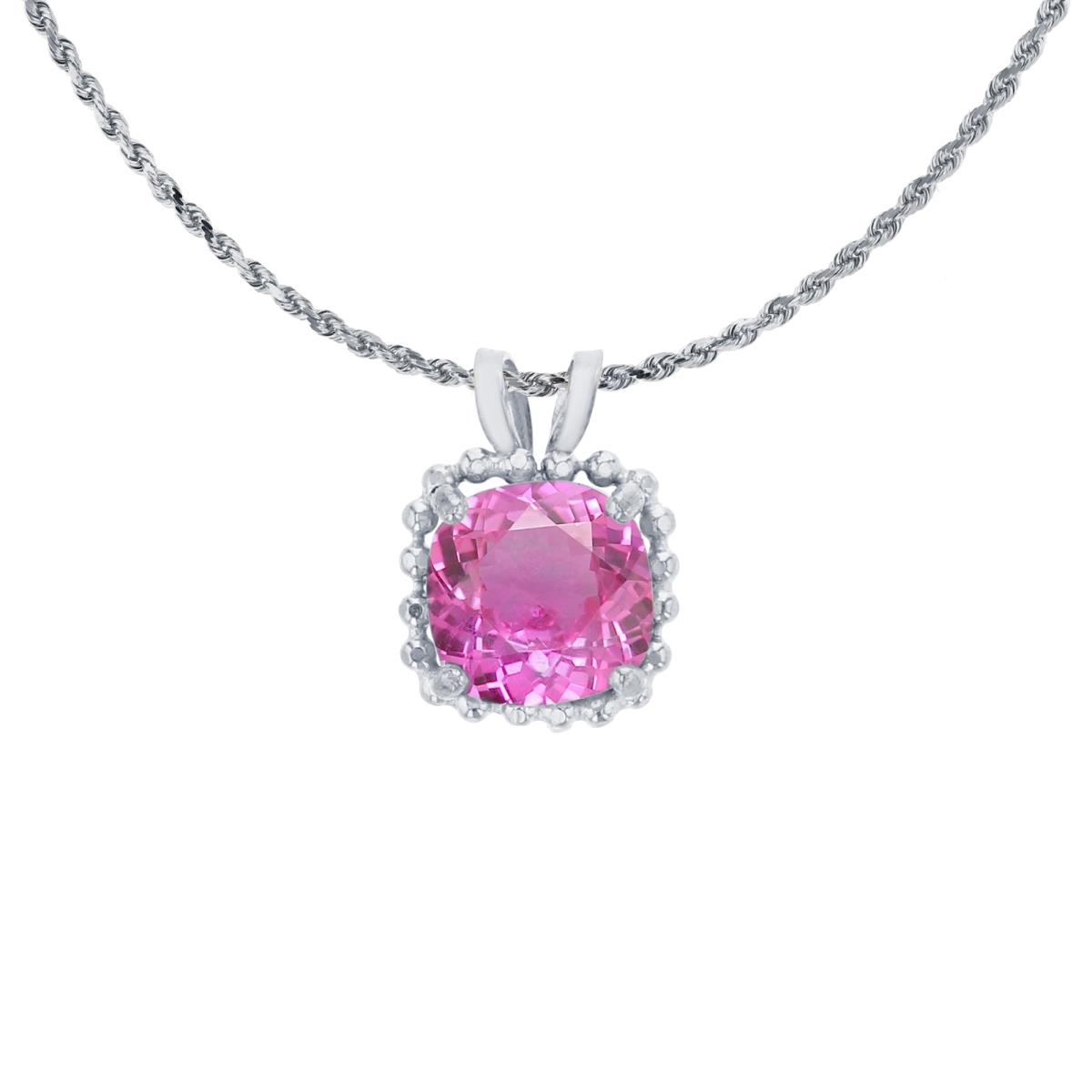 10K White Gold 6mm Cushion Cut Created Pink Sapphire Bead Frame Rabbit Ear 18" Rope Chain Necklace
