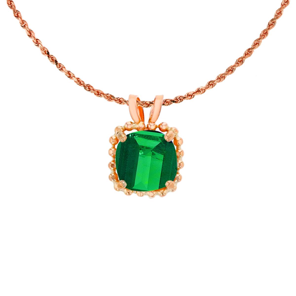 10K Rose Gold 6mm Cushion Cut Created Emerald Bead Frame Rabbit Ear 18" Rope Chain Necklace
