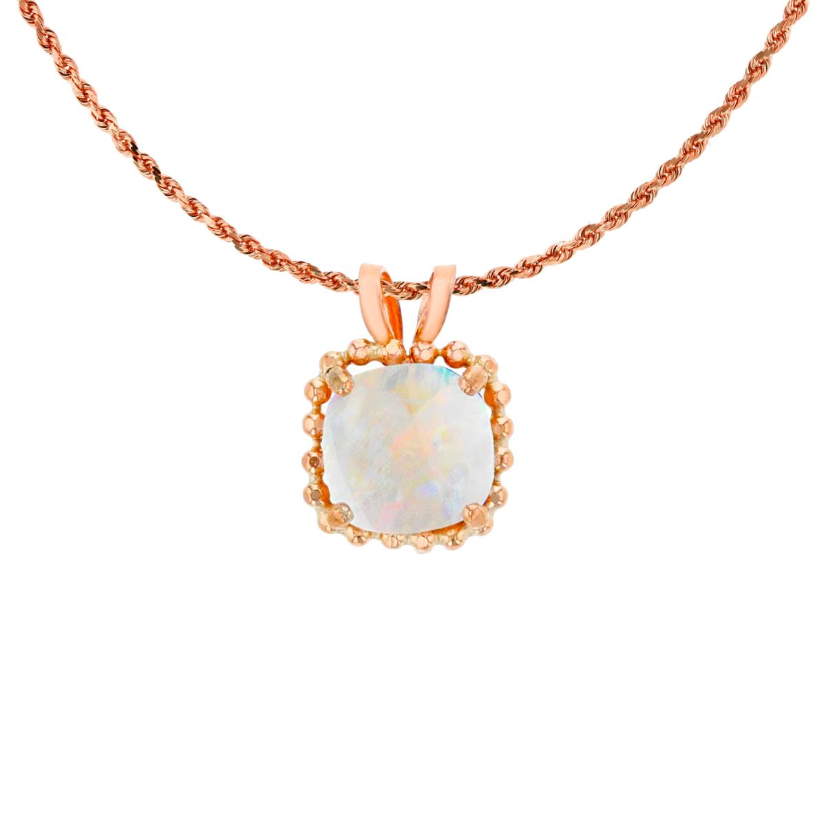 10K Rose Gold 6mm Cushion Cut Created Opal Bead Frame Rabbit Ear 18" Rope Chain Necklace