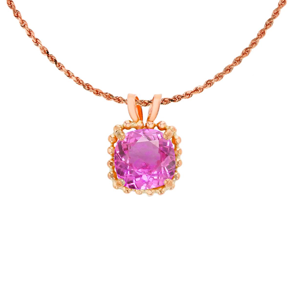 10K Rose Gold 6mm Cushion Cut Created Pink Sapphire Bead Frame Rabbit Ear 18" Rope Chain Necklace