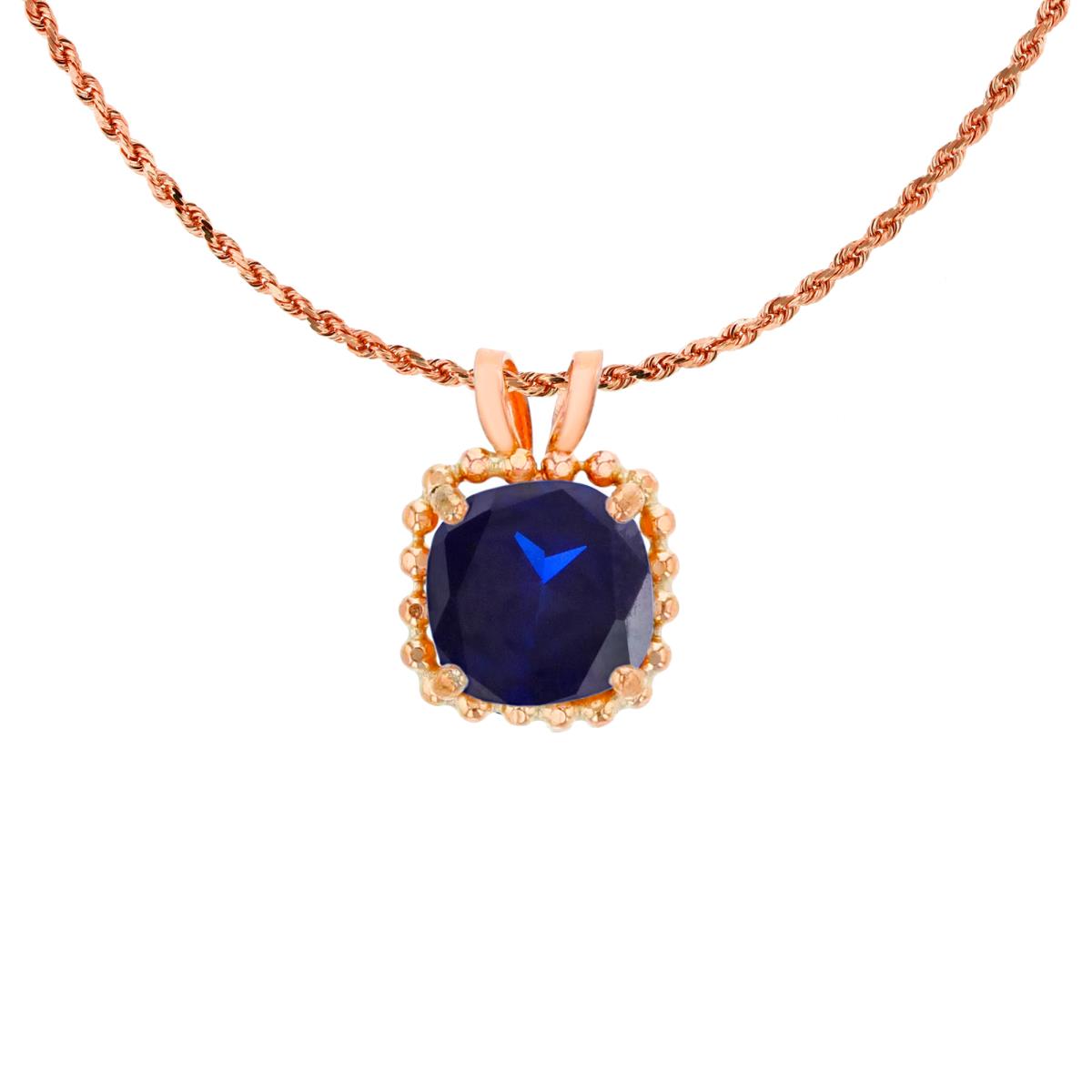 10K Rose Gold 6mm Cushion Cut Created Blue Sapphire Bead Frame Rabbit Ear 18" Rope Chain Necklace