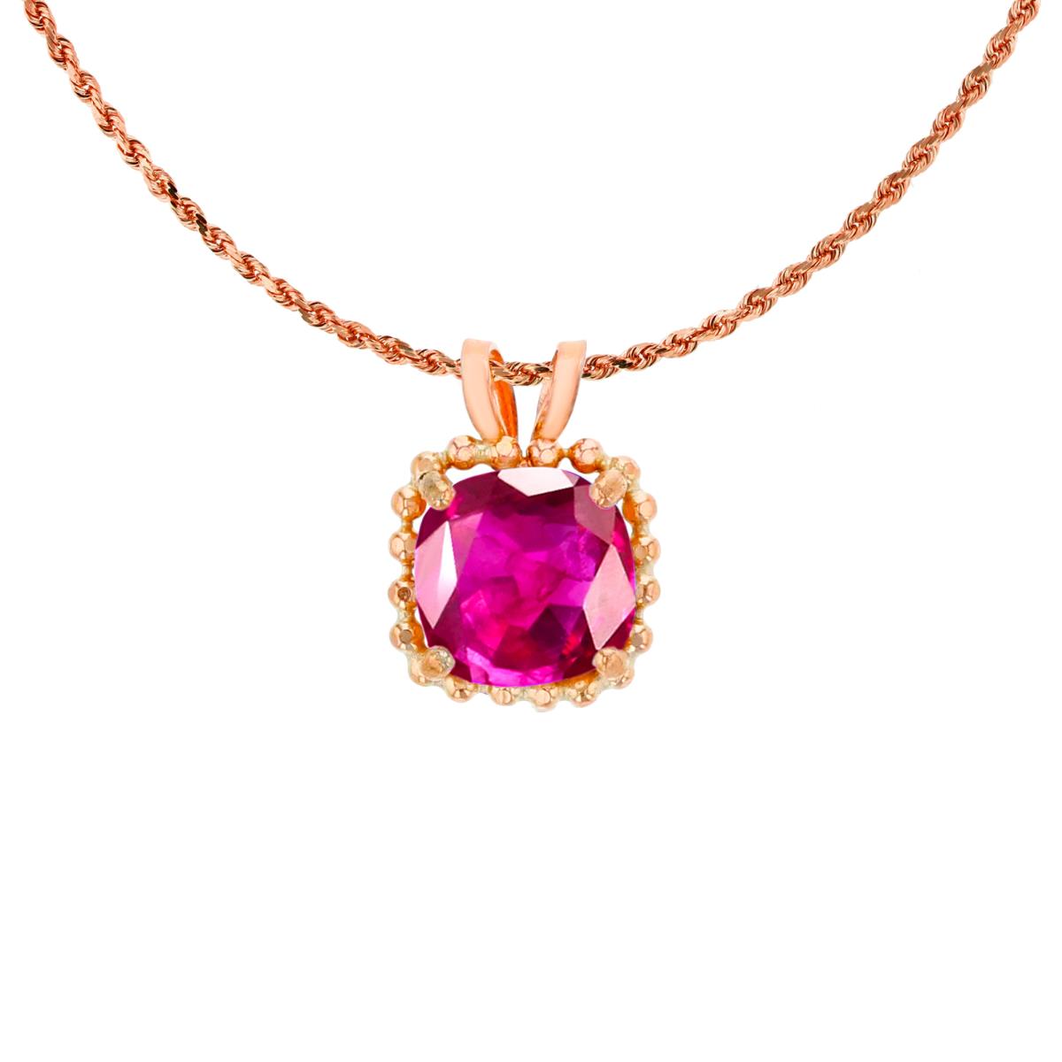 10K Rose Gold 6mm Cushion Cut Created Ruby Bead Frame Rabbit Ear 18" Rope Chain Necklace