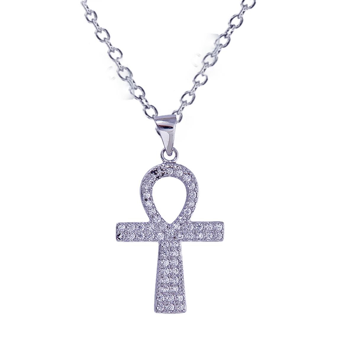 Sterling Silver Rhodium Micropave Ankh Cross 18" Necklace