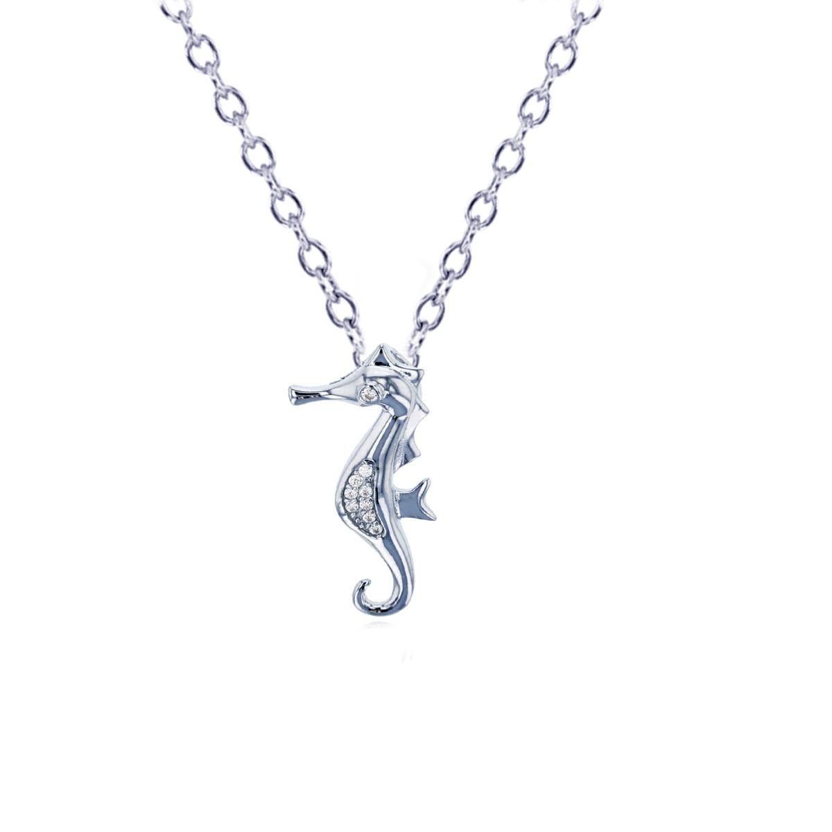 Sterling Silver Rhodium Pave Round CZ Seahorse Dangling 18" Necklace
