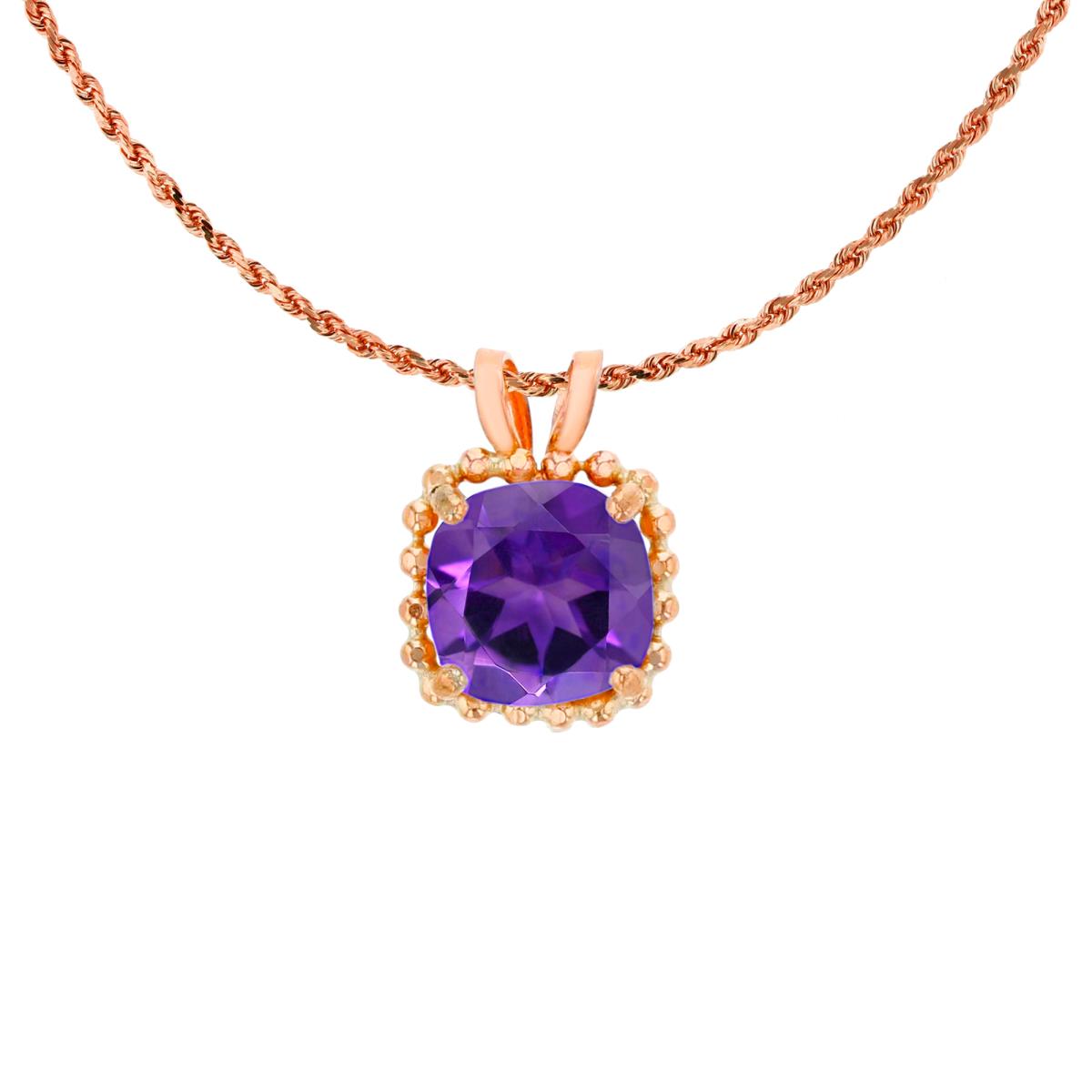 10K Rose Gold 6mm Cushion Cut Amethyst Bead Frame Rabbit Ear 18" Rope Chain Necklace