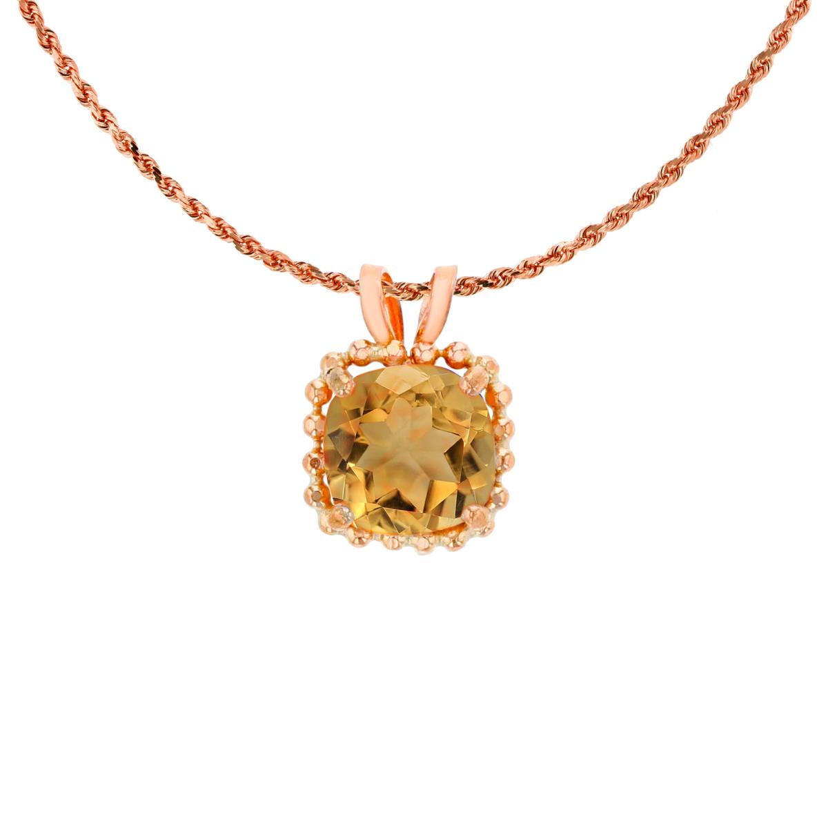 10K Rose Gold 6mm Cushion Cut Citrine Bead Frame Rabbit Ear 18" Rope Chain Necklace