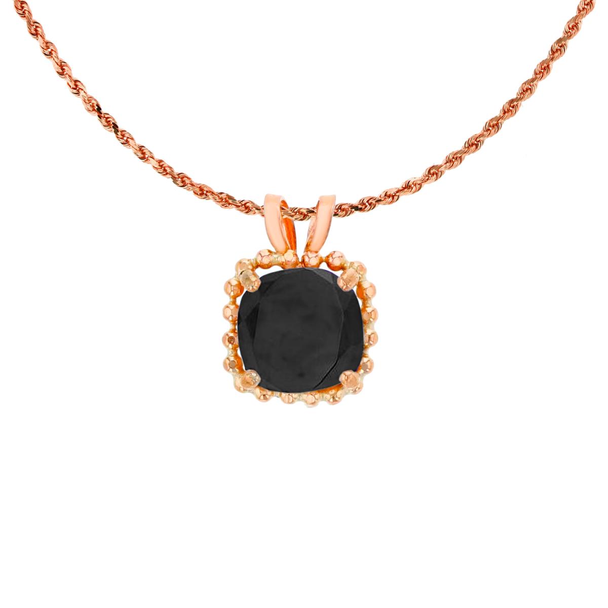 10K Rose Gold 6mm Cushion Cut Onyx Bead Frame Rabbit Ear 18" Rope Chain Necklace