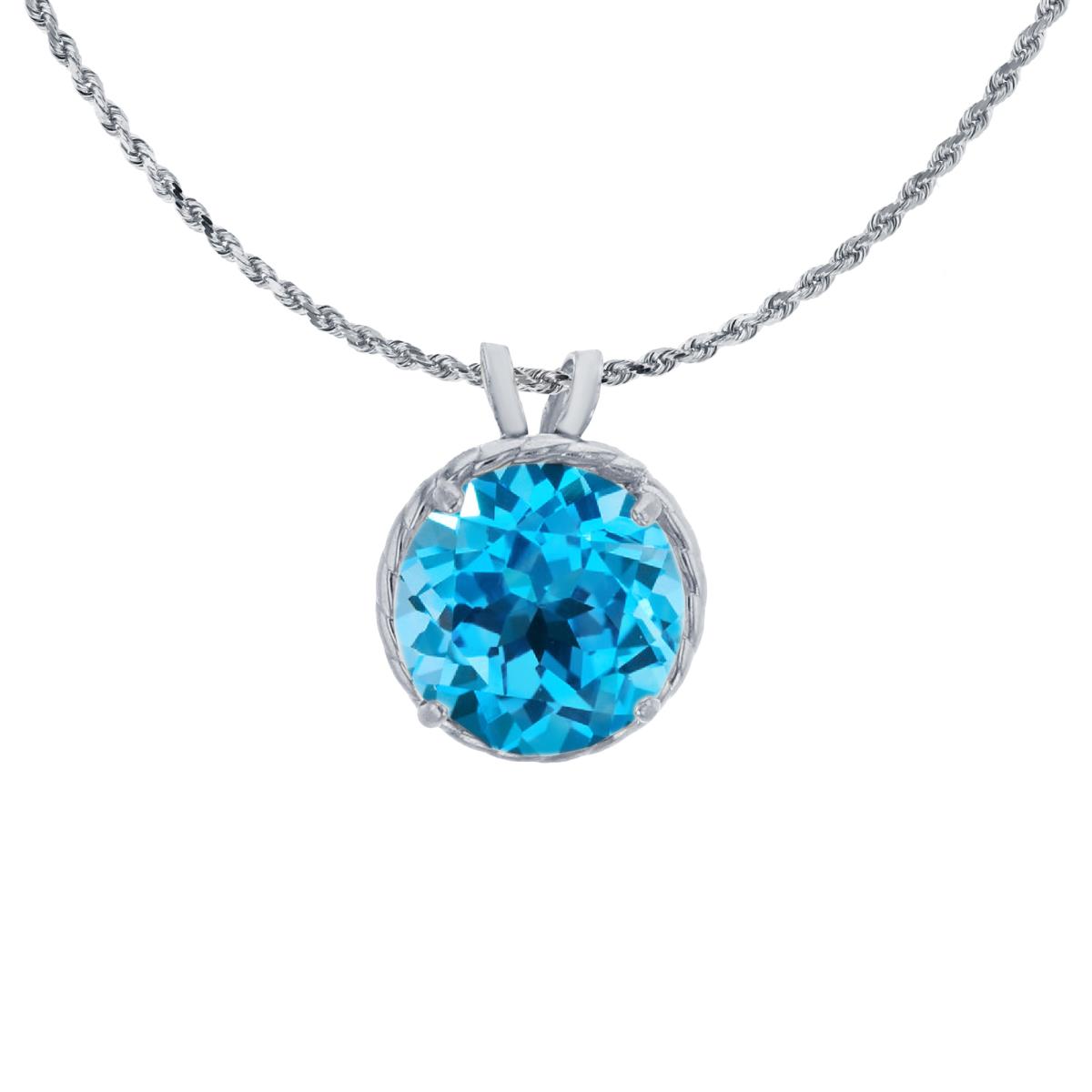 14K White Gold 7mm Rd Cut Swiss Blue Topaz Rope Frame Rabbit Ear 18" Rope Chain Necklace