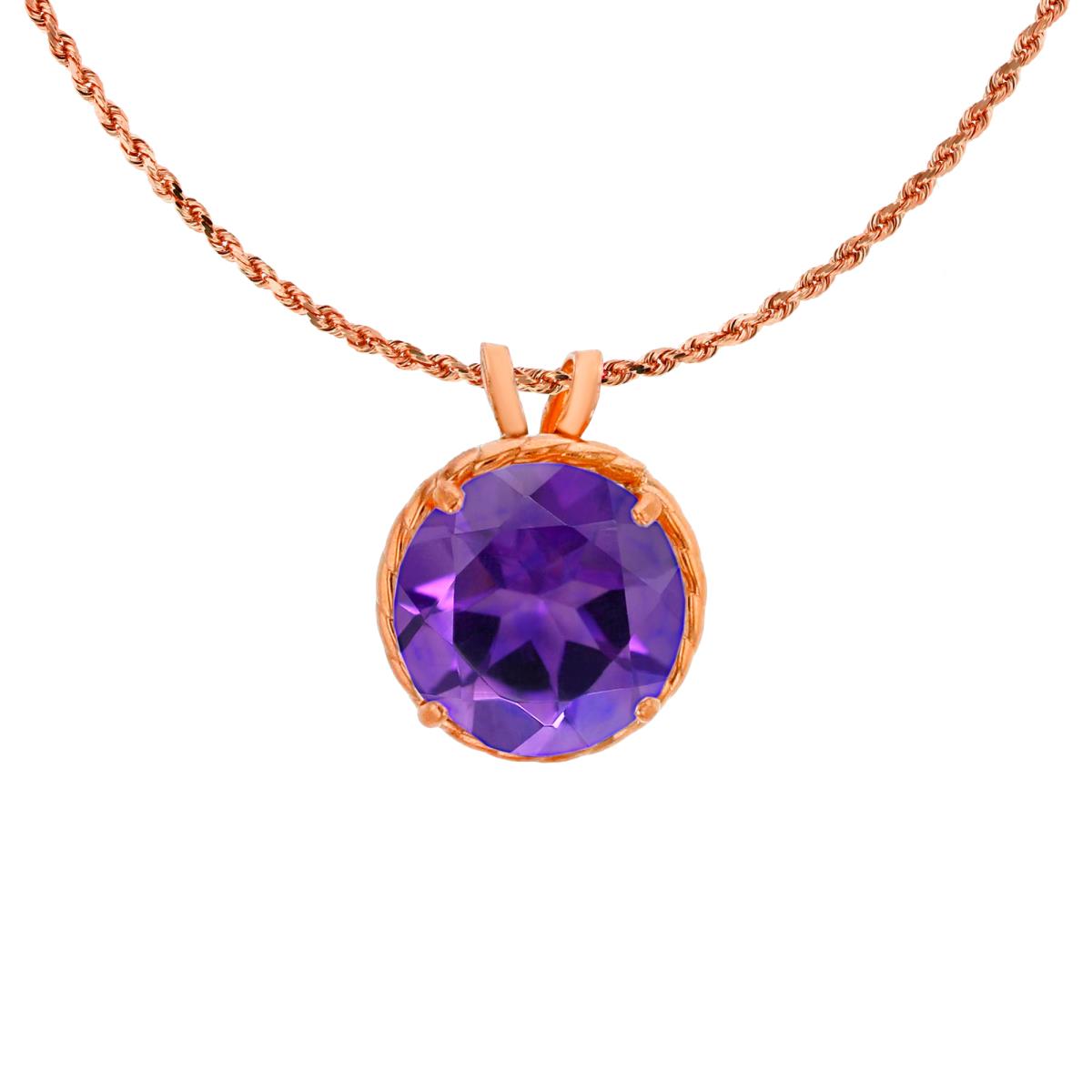 14K Rose Gold 7mm Rd Cut Amethyst Rope Frame Rabbit Ear 18" Rope Chain Necklace