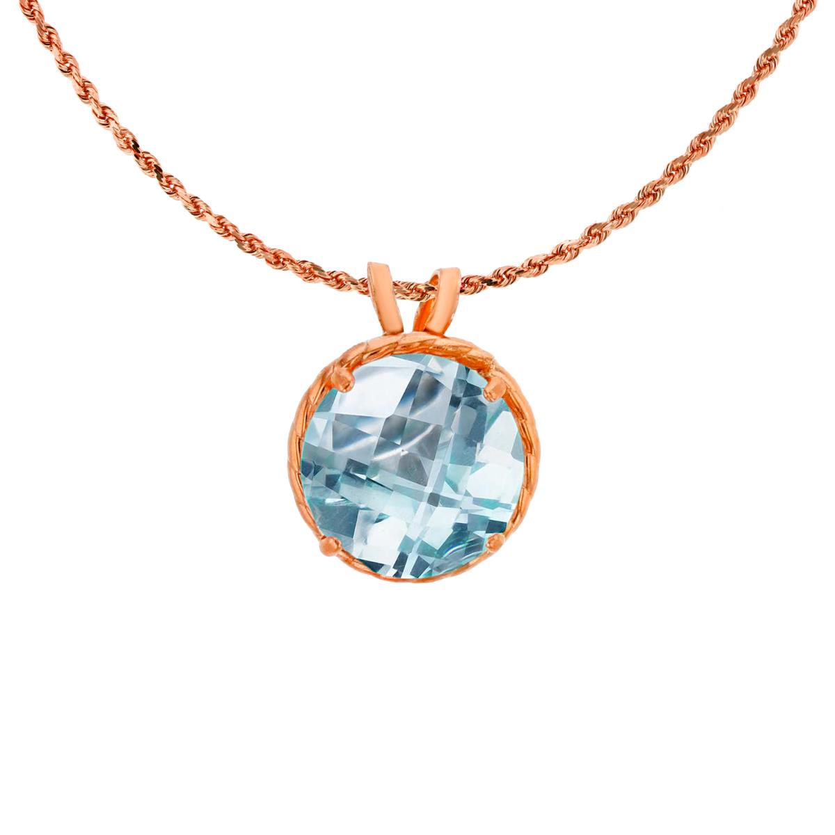 10K Rose Gold 7mm Rd Cut Aquamarine Rope Frame Rabbit Ear 18" Rope Chain Necklace