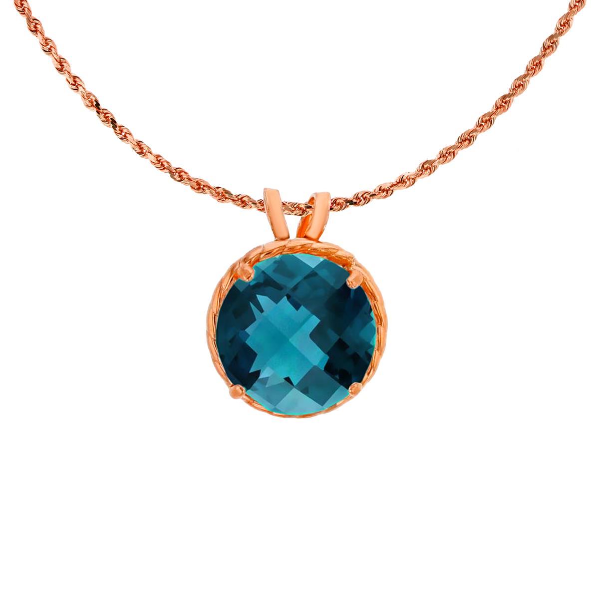 10K Rose Gold 7mm Rd Cut London Blue Topaz Rope Frame Rabbit Ear 18" Rope Chain Necklace