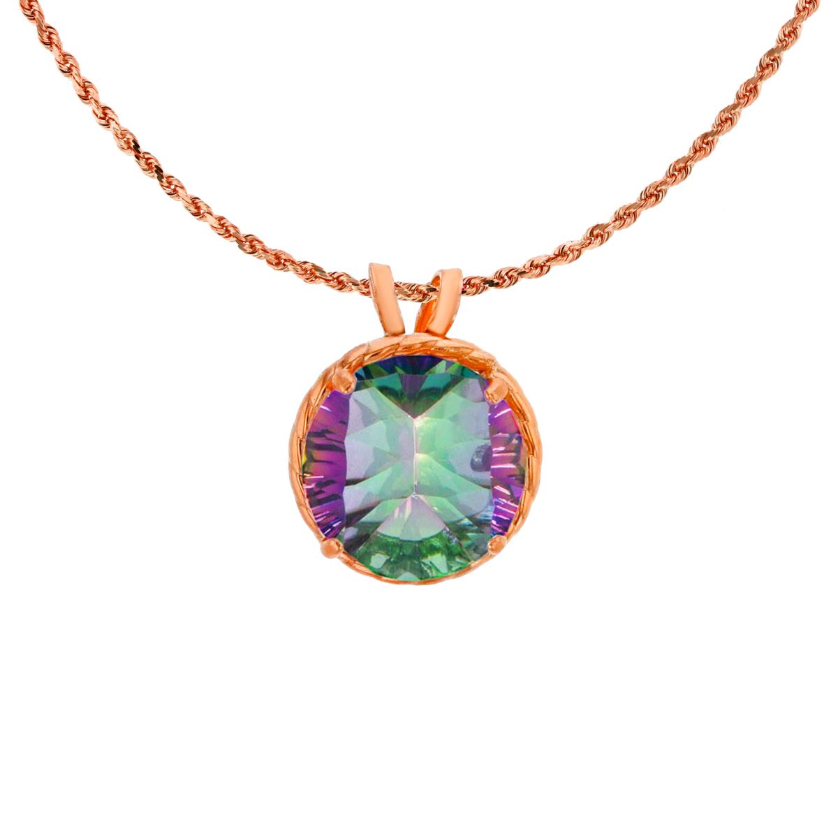 10K Rose Gold 7mm Rd Cut Mystic Green Topaz Rope Frame Rabbit Ear 18" Rope Chain Necklace
