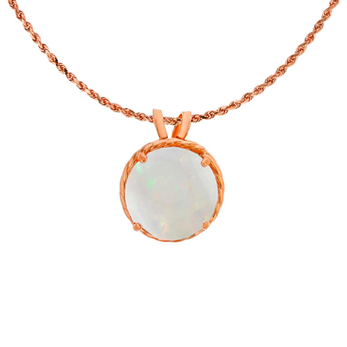 10K Rose Gold 7mm Rd Cut Opal Rope Frame Rabbit Ear 18" Rope Chain Necklace