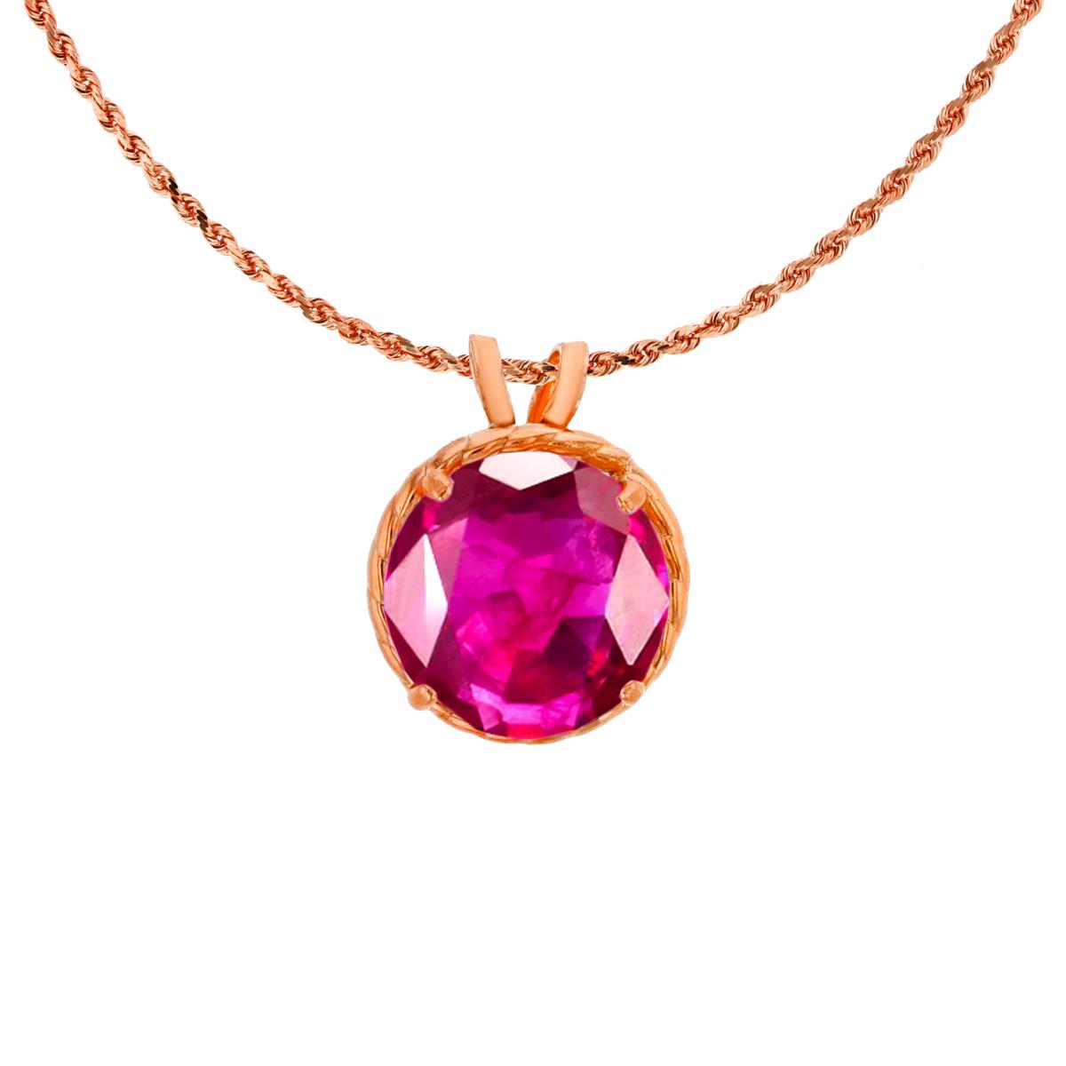 10K Rose Gold 7mm Rd Cut Glass Filled Ruby Rope Frame Rabbit Ear 18" Rope Chain Necklace