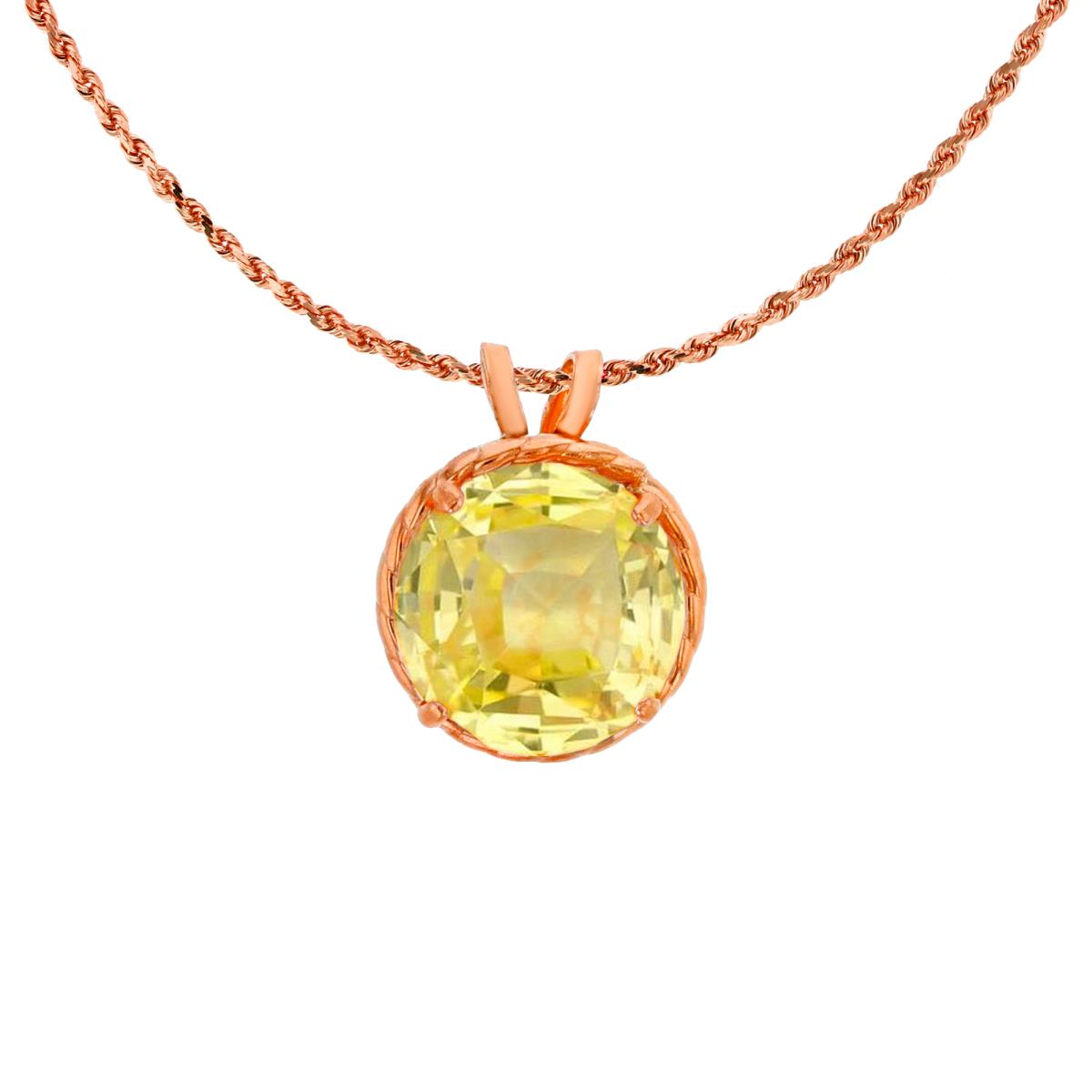 10K Rose Gold 7mm Rd Cut Created Yellow Sapphire Rope Frame Rabbit Ear 18" Rope Chain Necklace
