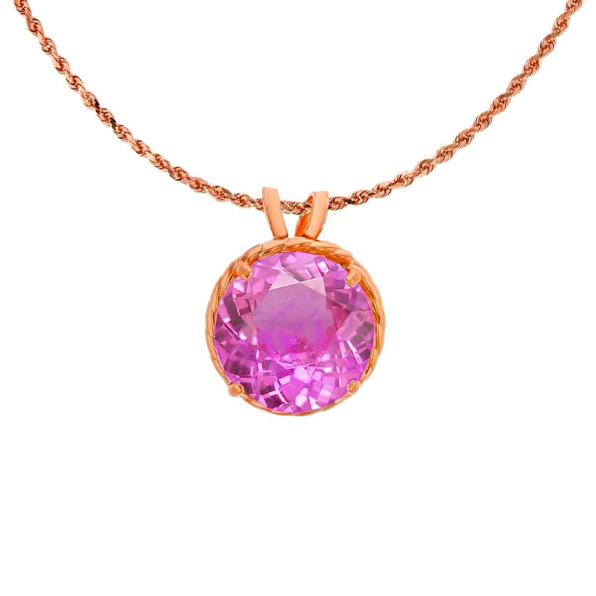 10K Rose Gold 7mm Rd Cut Created Pink Sapphire Rope Frame Rabbit Ear 18" Rope Chain Necklace