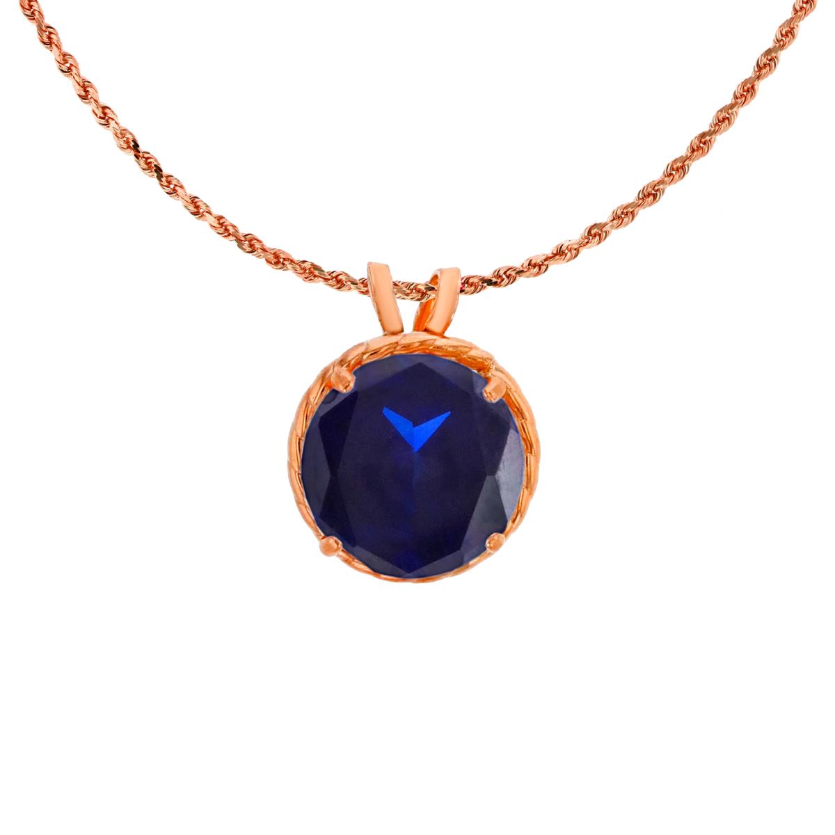 10K Rose Gold 7mm Rd Cut Created Blue Sapphire Rope Frame Rabbit Ear 18" Rope Chain Necklace