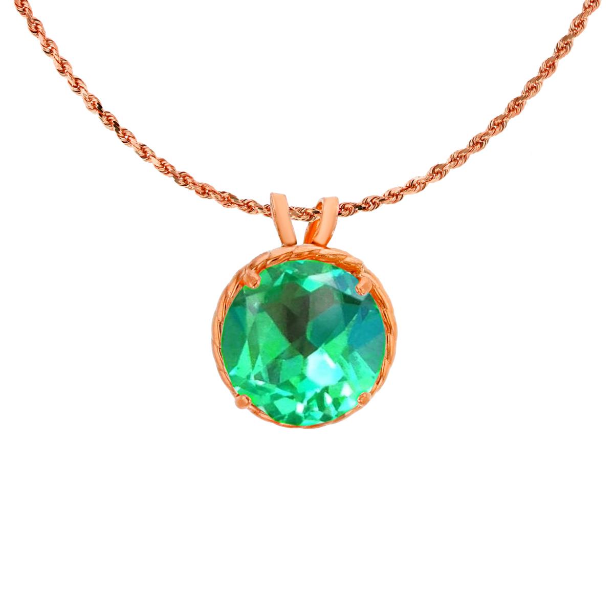10K Rose Gold 7mm Rd Cut Created Green Sapphire Rope Frame Rabbit Ear 18" Rope Chain Necklace