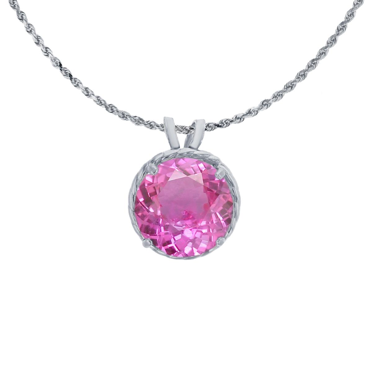 14K White Gold 7mm Rd Cut Created Pink Sapphire Rope Frame Rabbit Ear 18" Rope Chain Necklace