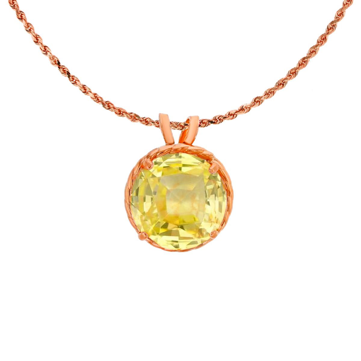 14K Rose Gold 7mm Rd Cut Created Yellow Sapphire Rope Frame Rabbit Ear 18" Rope Chain Necklace