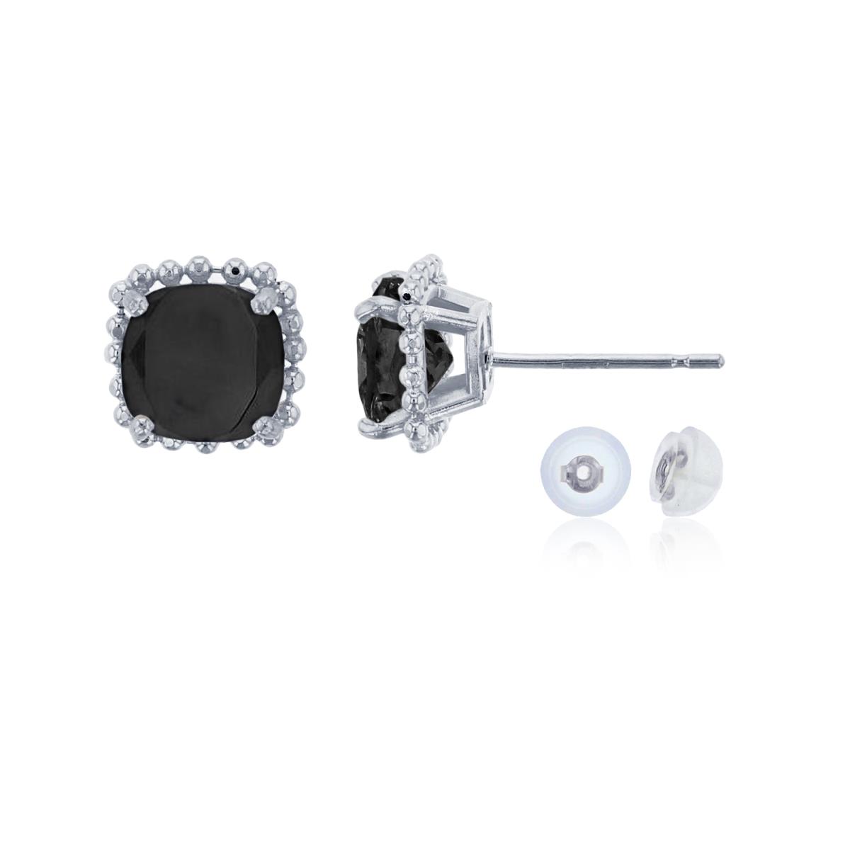 14K White Gold 6x6mm Cushion Cut Onyx Bead Frame Stud Earring with Silicone Back