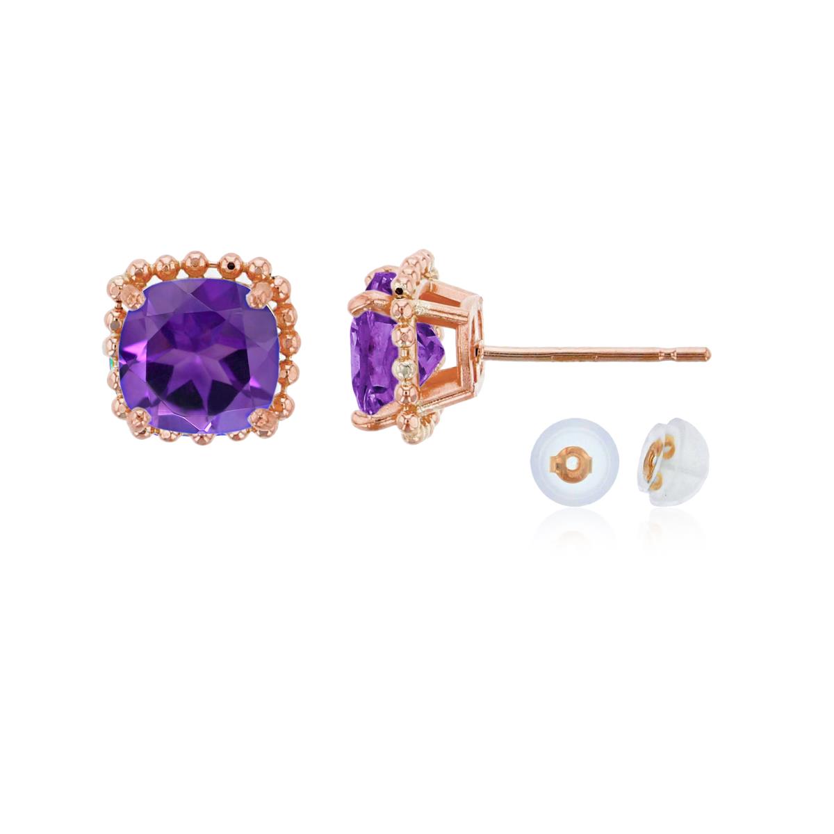 14K Rose Gold 6x6mm Cushion Cut Amethyst Bead Frame Stud Earring with Silicone Back