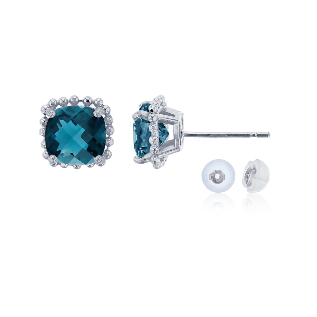 10K White Gold 6x6mm Cushion Cut London Blue Topaz Bead Frame Stud Earring with Silicone Back