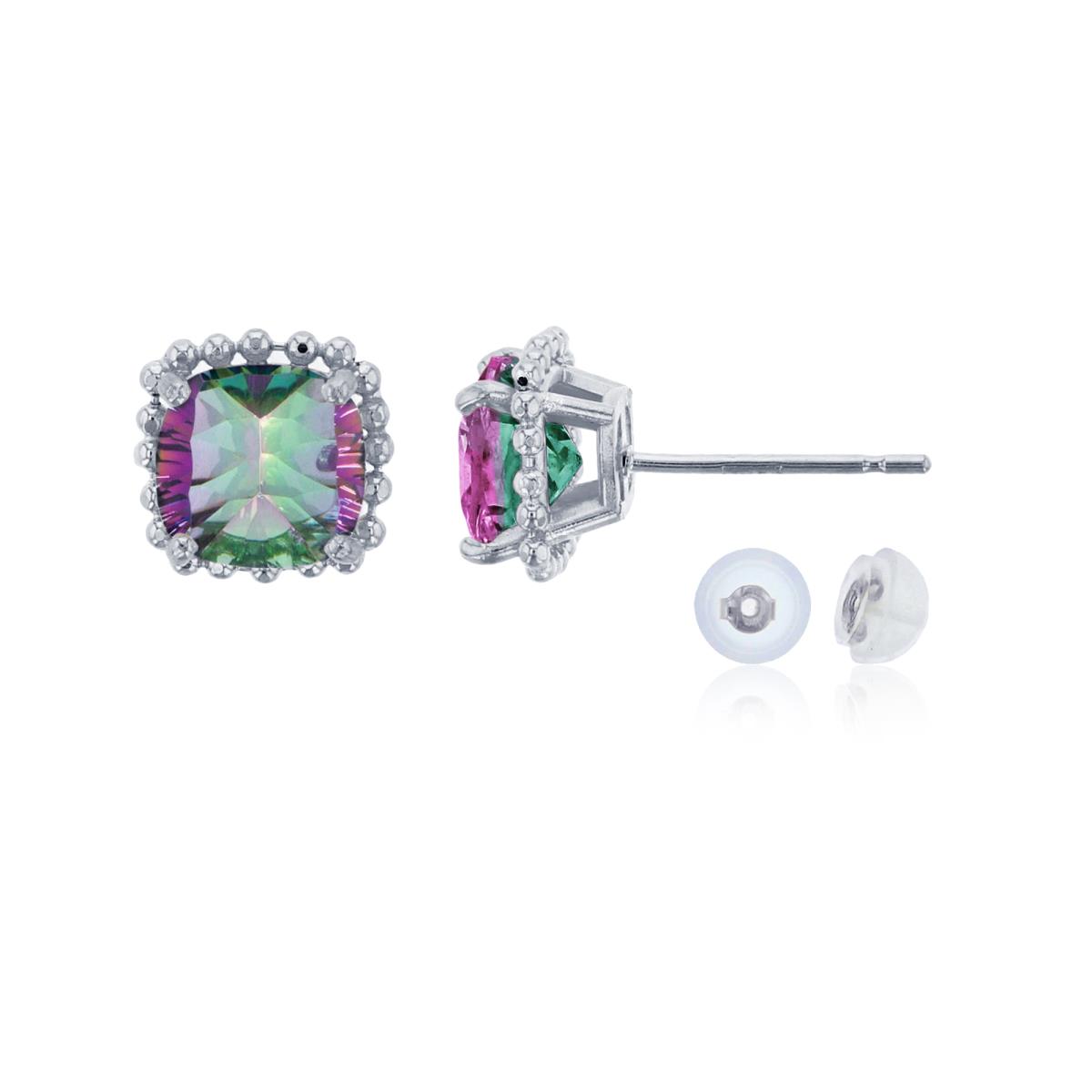 10K White Gold 6x6mm Cushion Cut Mystic Green Topaz Bead Frame Stud Earring with Silicone Back