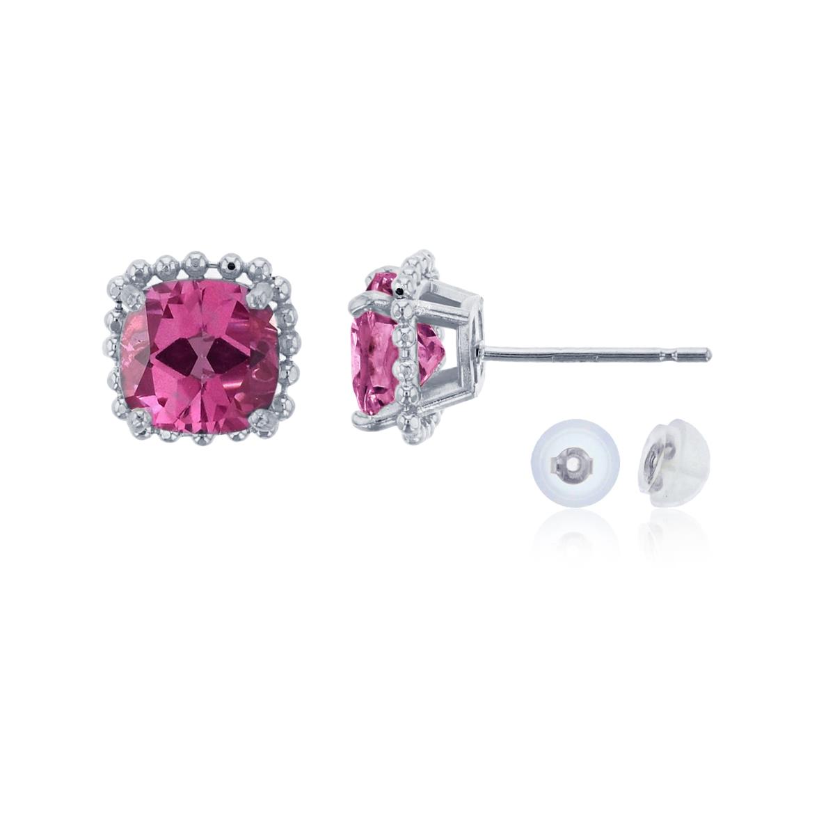 10K White Gold 6x6mm Cushion Cut Pure Pink Bead Frame Stud Earring with Silicone Back