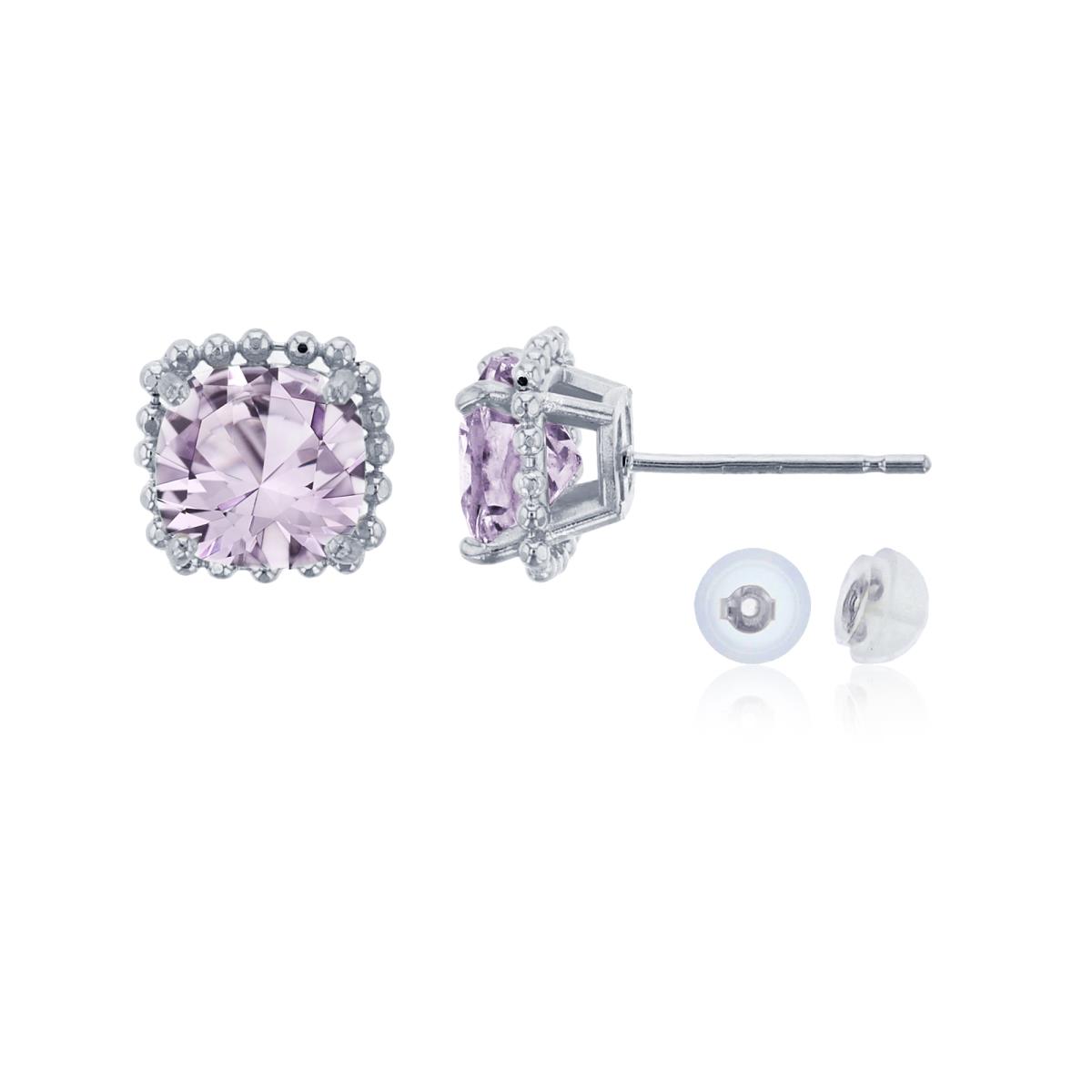 10K White Gold 6x6mm Cushion Cut Rose De France Bead Frame Stud Earring with Silicone Back