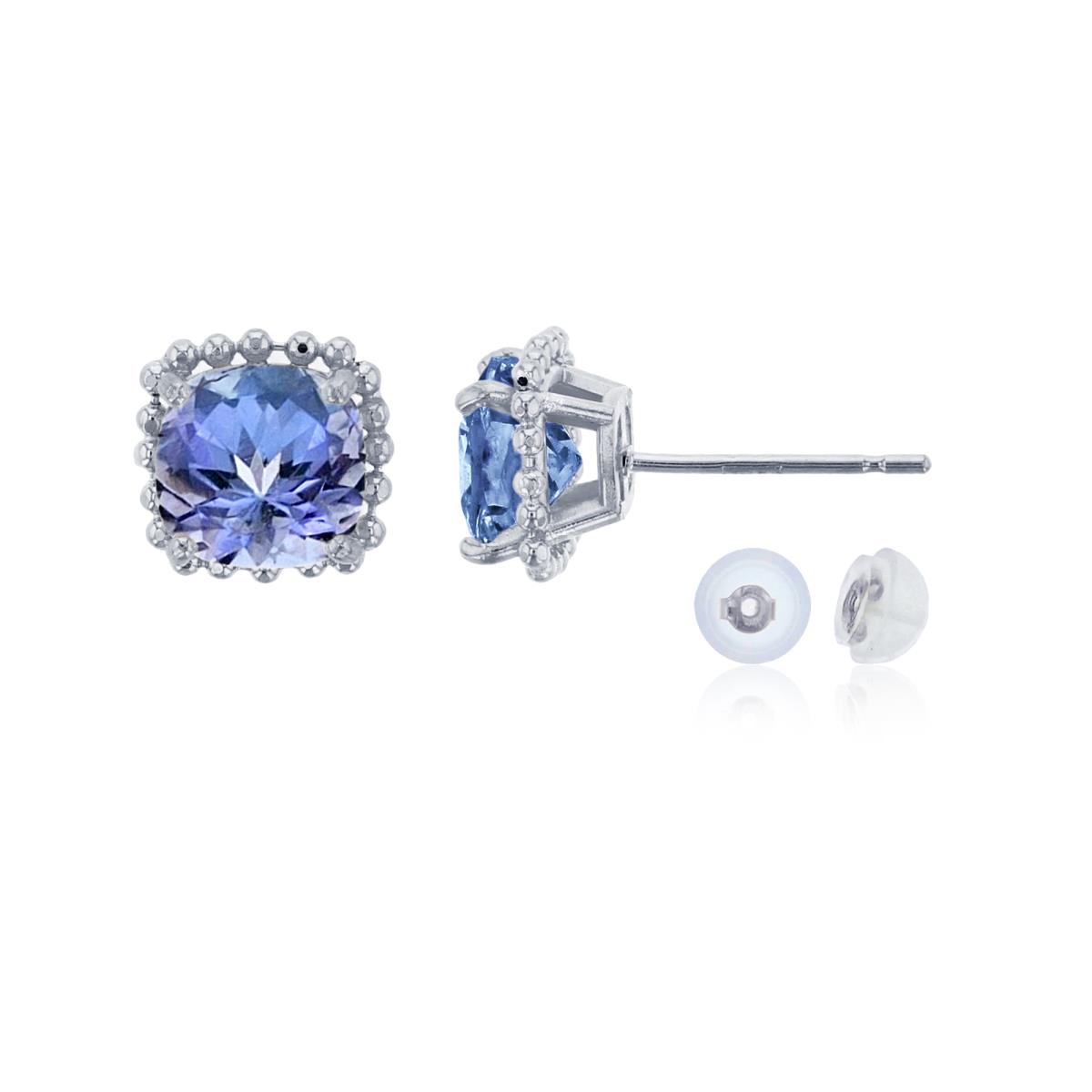 10K White Gold 6x6mm Cushion Cut Tanzanite Bead Frame Stud Earring with Silicone Back