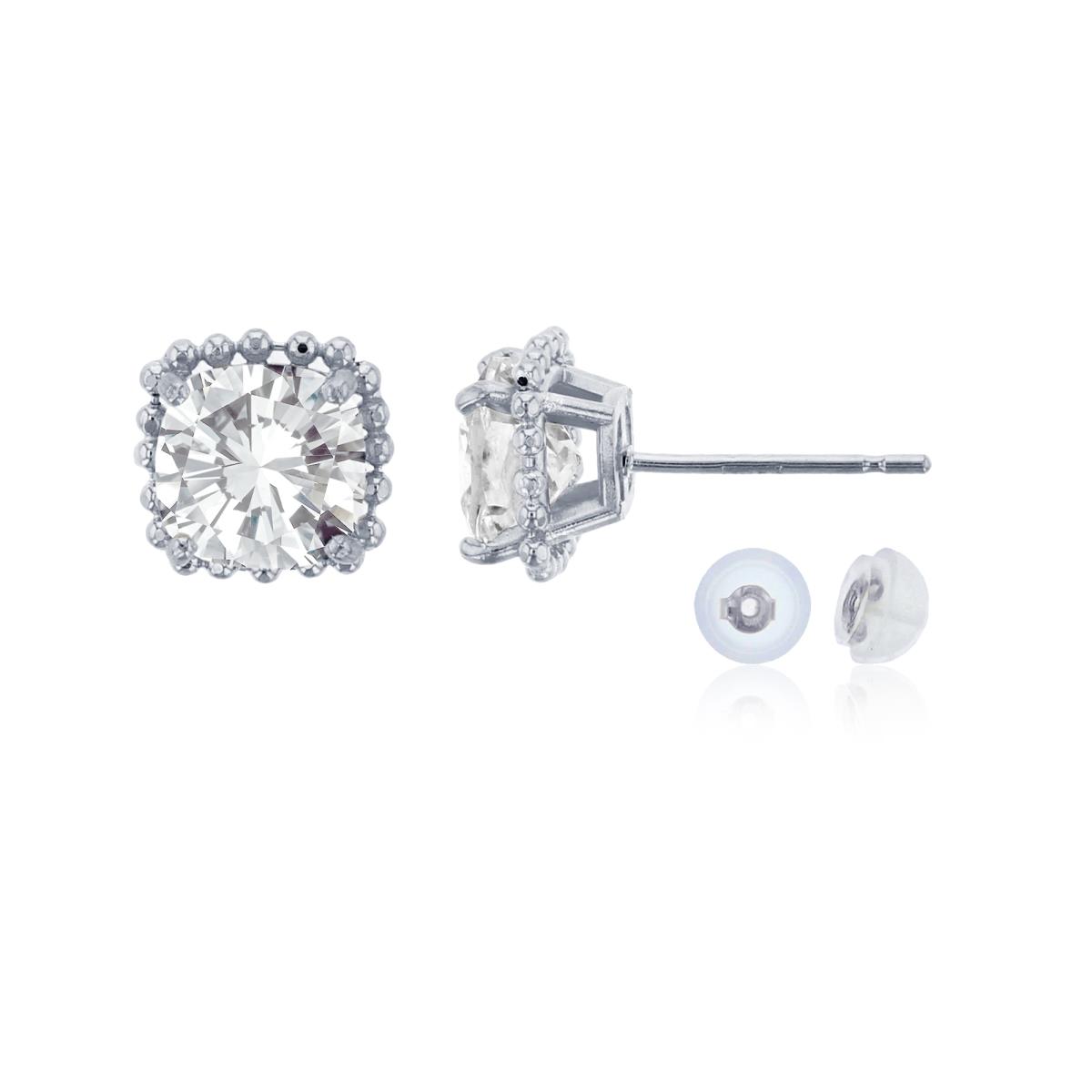 10K White Gold 6x6mm Cushion Cut White Topaz Bead Frame Stud Earring with Silicone Back