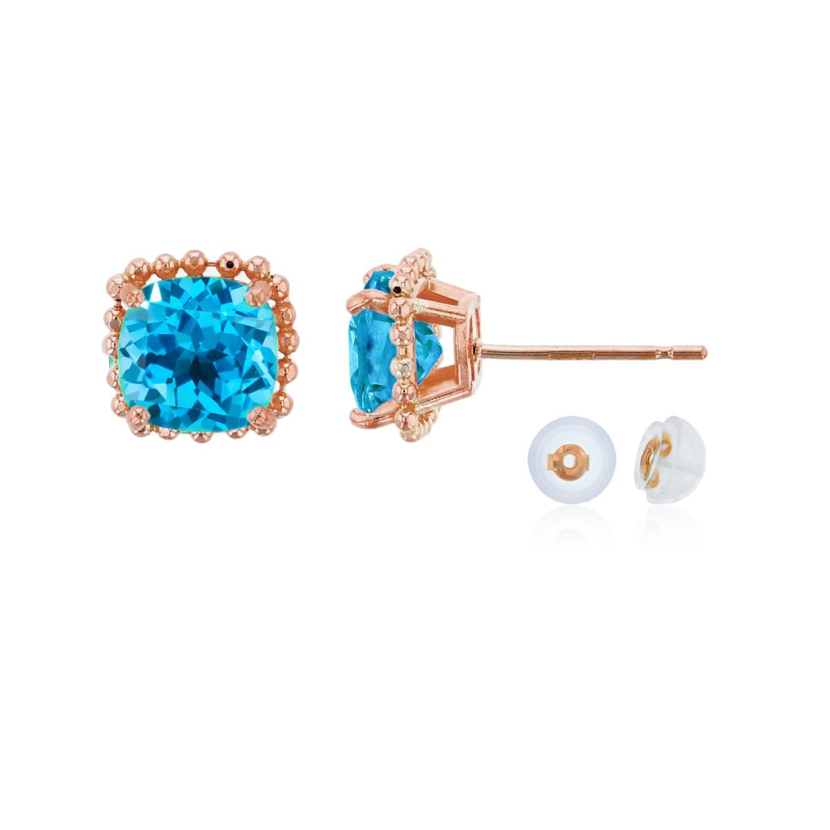 10K Rose Gold 6x6mm Cushion Cut Swiss Blue Topaz Bead Frame Stud Earring with Silicone Back