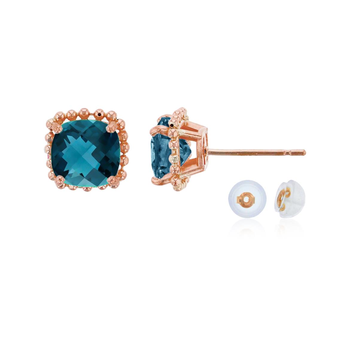 10K Rose Gold 6x6mm Cushion Cut London Blue Topaz Bead Frame Stud Earring with Silicone Back