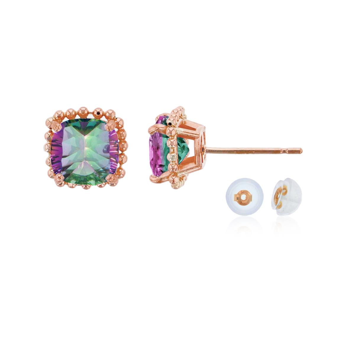 10K Rose Gold 6x6mm Cushion Cut Mystic Green Topaz Bead Frame Stud Earring with Silicone Back