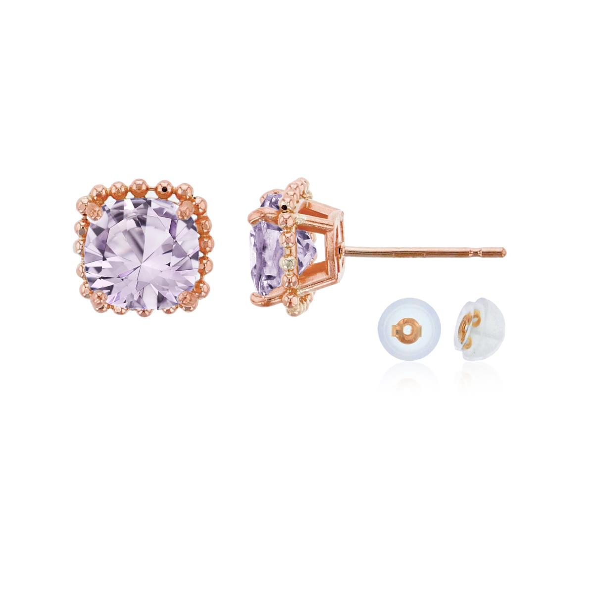 10K Rose Gold 6x6mm Cushion Cut Rose De France Bead Frame Stud Earring with Silicone Back
