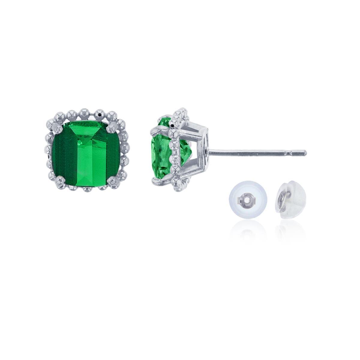 14K White Gold 6x6mm Cushion Cut Created Emerald Bead Frame Stud Earring with Silicone Back