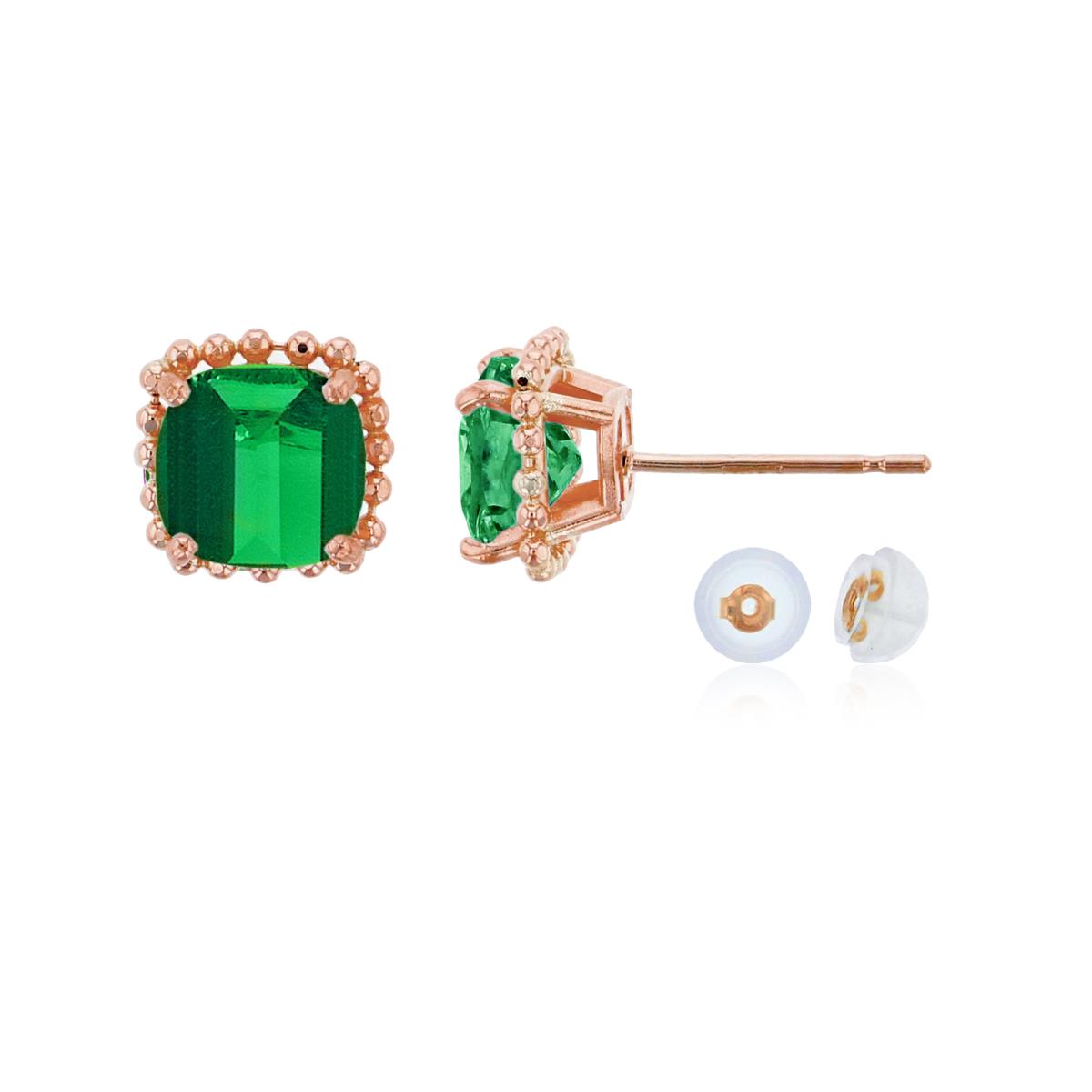 14K Rose Gold 6x6mm Cushion Cut Created Emerald Bead Frame Stud Earring with Silicone Back