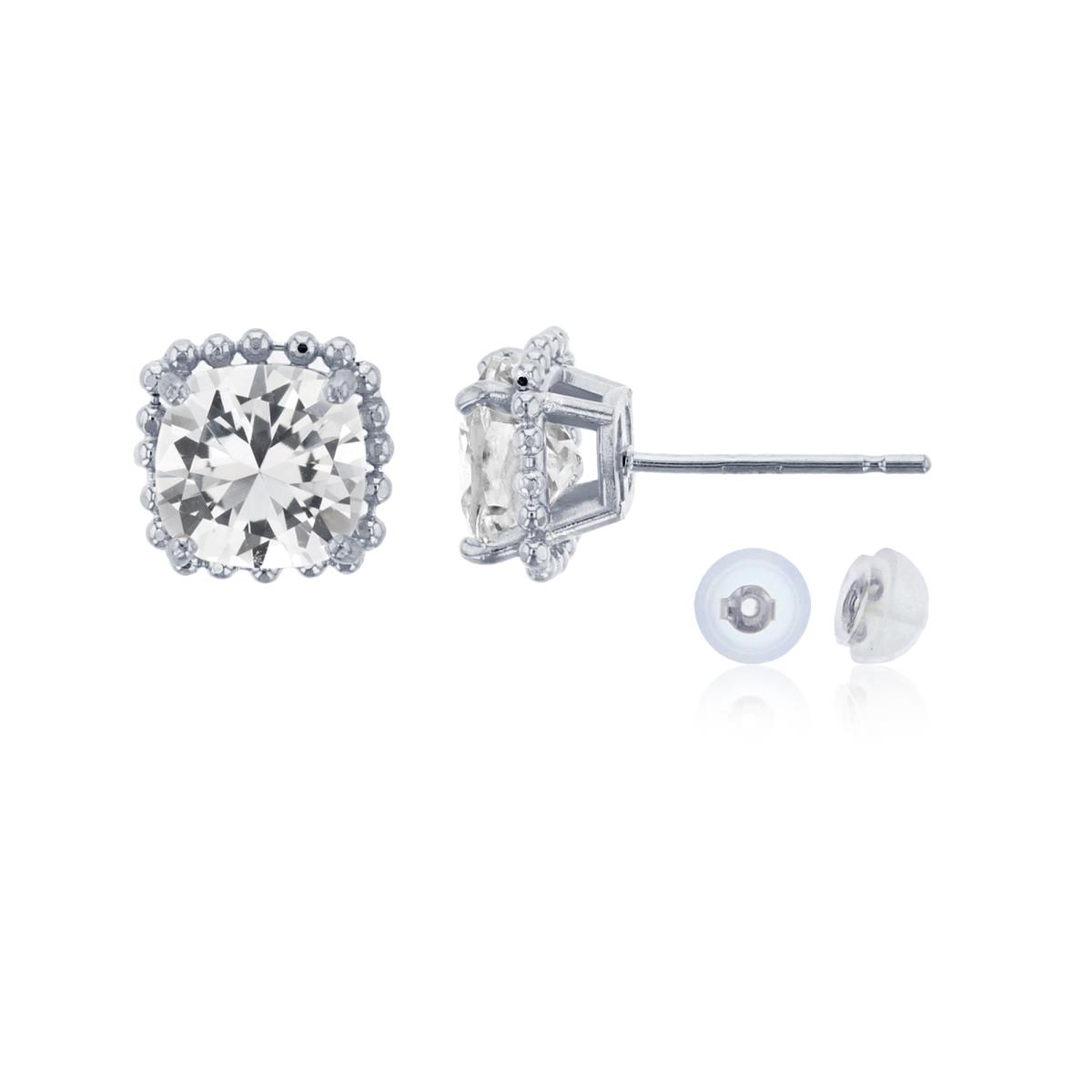 10K White Gold 6x6mm Cushion Cut Created White Sapphire Bead Frame Stud Earring with Silicone Back
