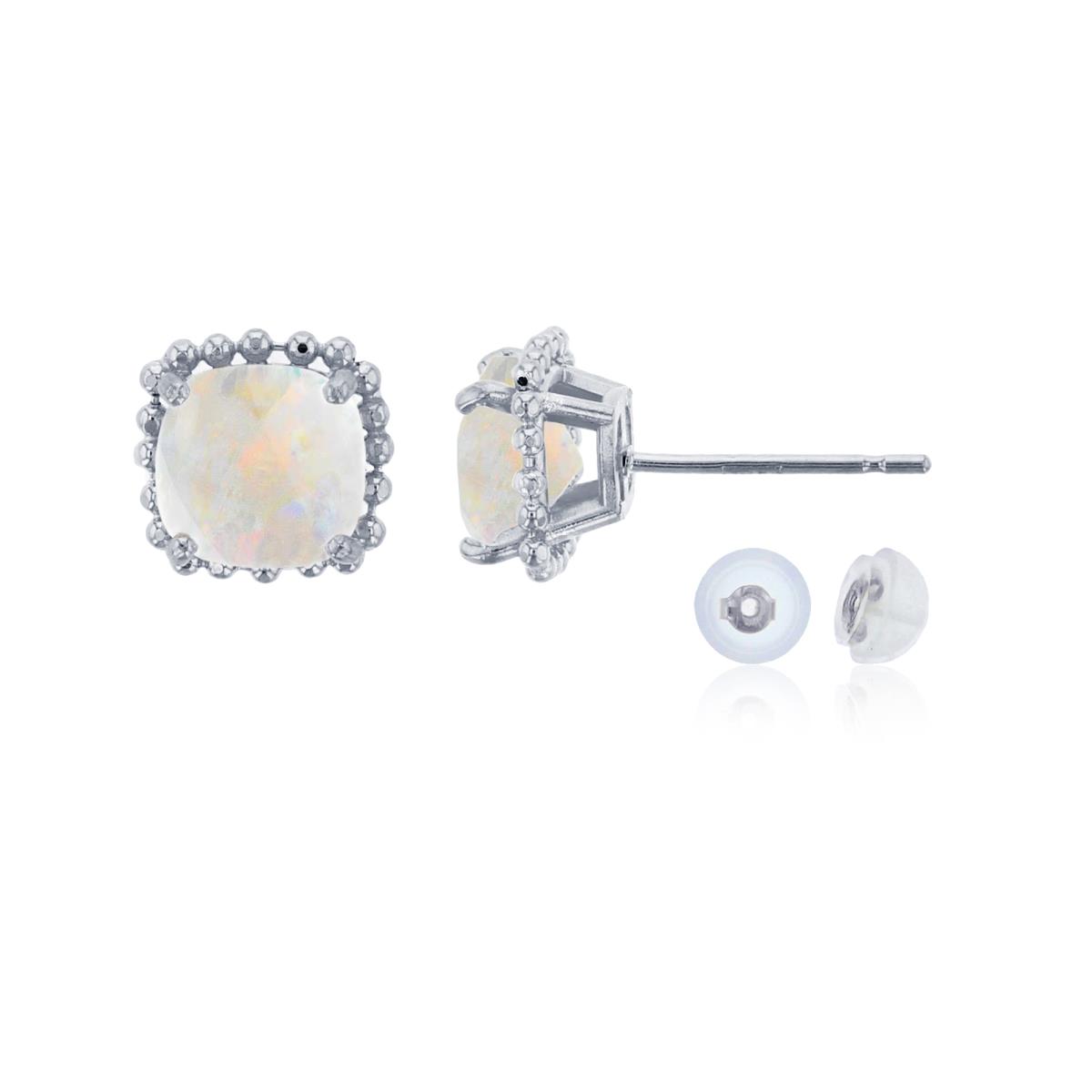 10K White Gold 6x6mm Cushion Cut Created Opal Bead Frame Stud Earring with Silicone Back