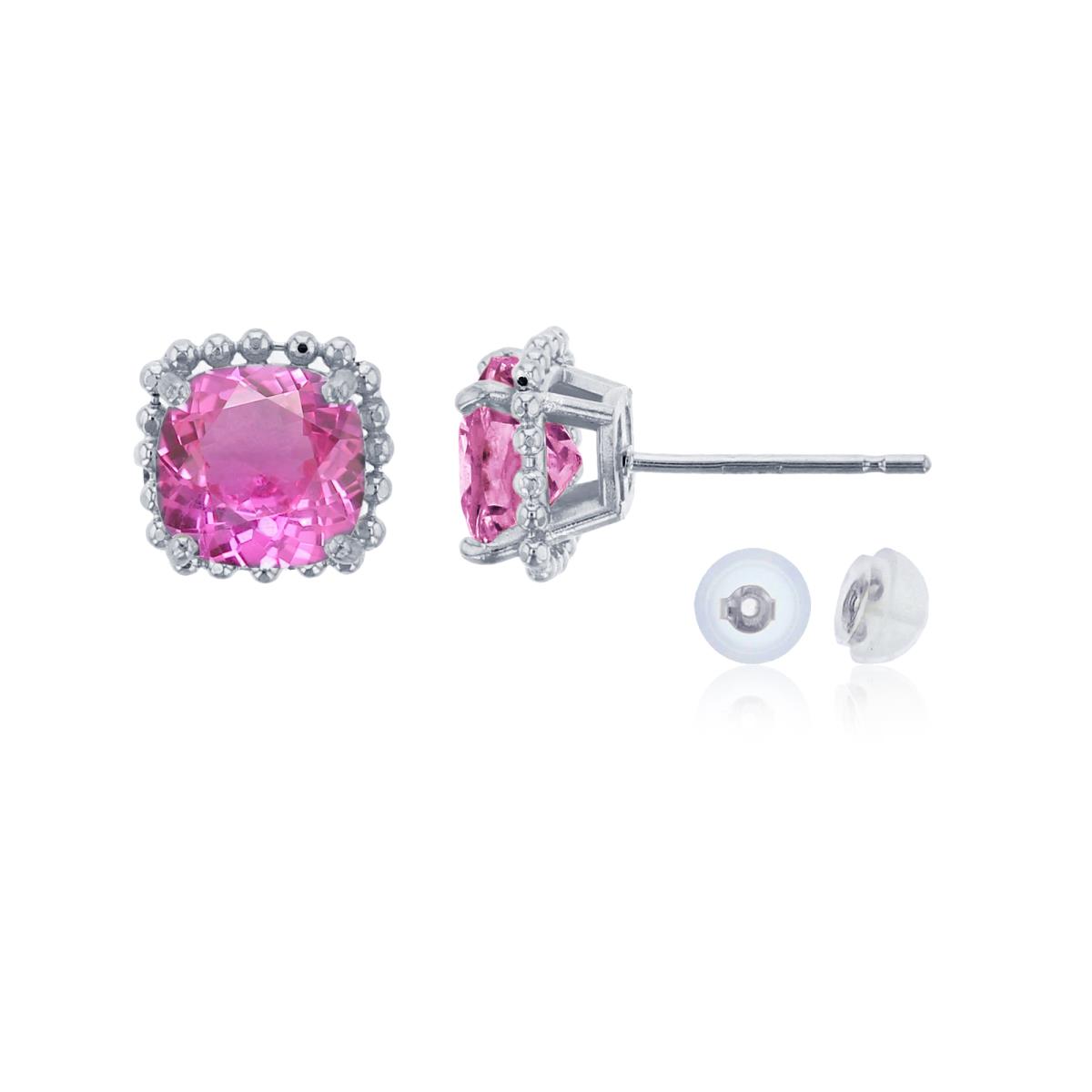 10K White Gold 6x6mm Cushion Cut Created Pink Sapphire Bead Frame Stud Earring with Silicone Back