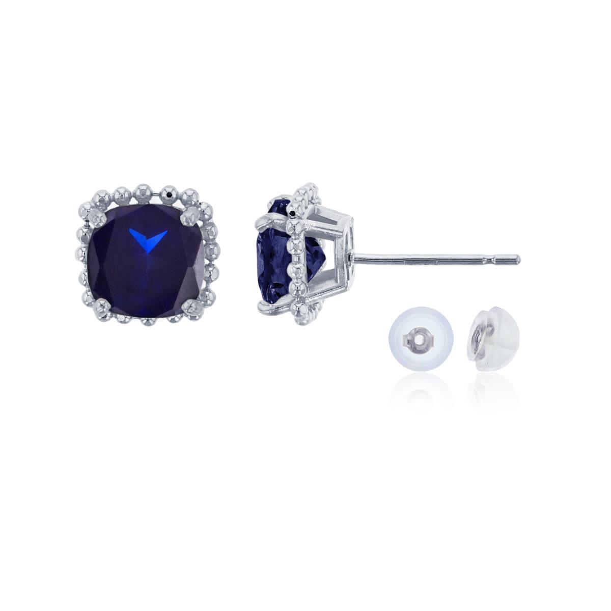 10K White Gold 6x6mm Cushion Cut Created Blue Sapphire Bead Frame Stud Earring with Silicone Back