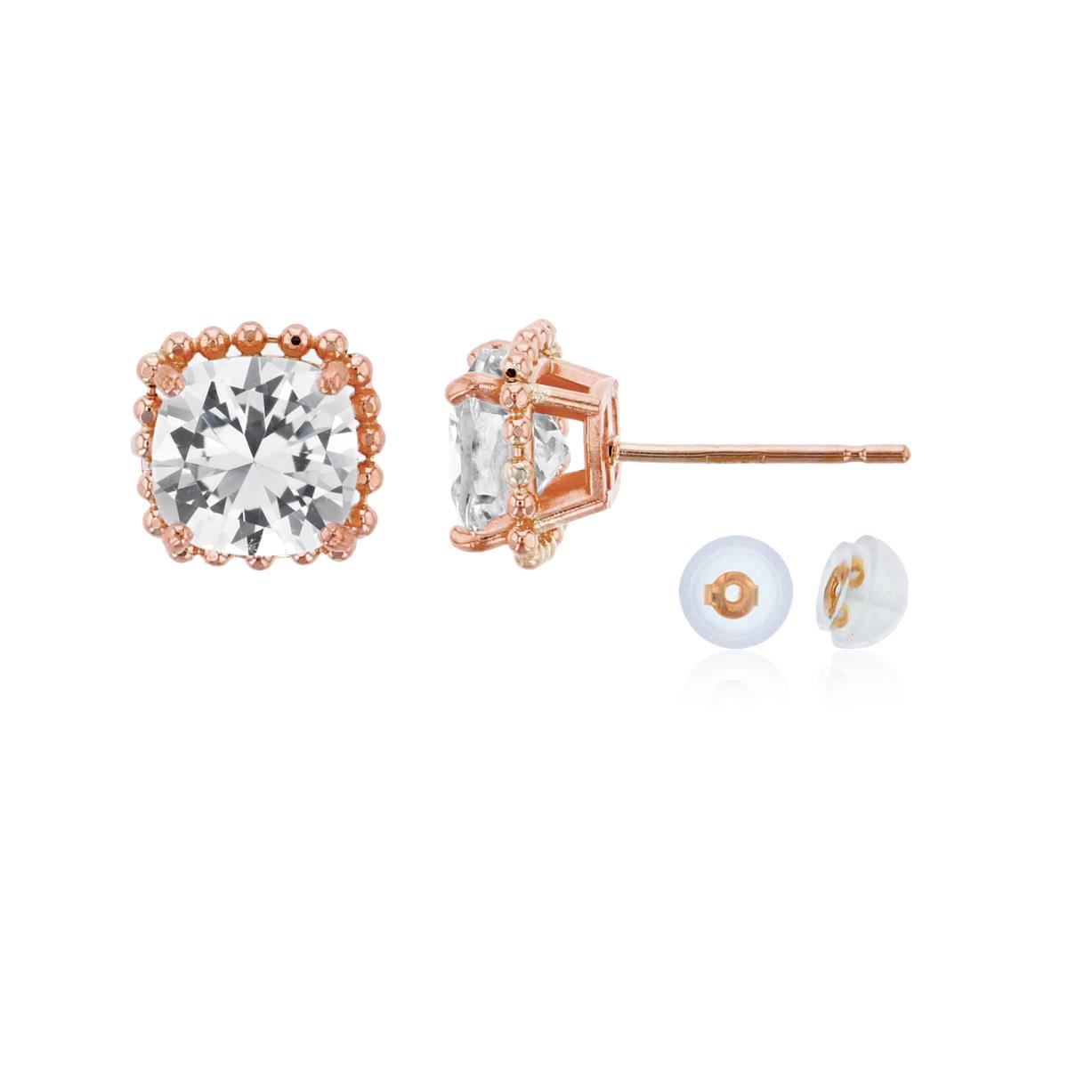 10K Rose Gold 6x6mm Cushion Cut Created White Sapphire Bead Frame Stud Earring with Silicone Back
