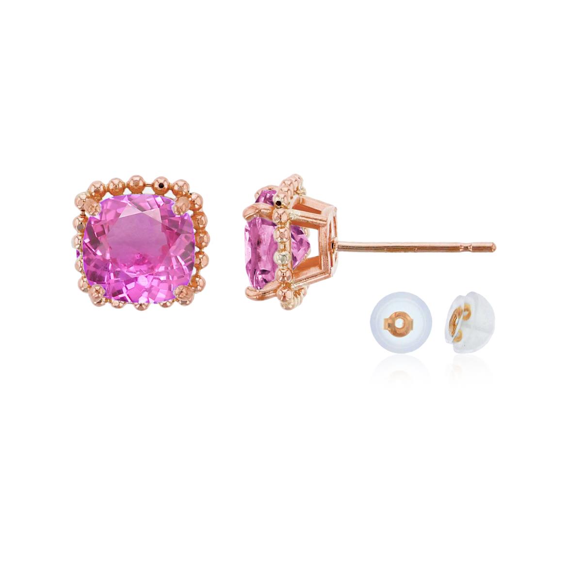 10K Rose Gold 6x6mm Cushion Cut Created Pink Sapphire Bead Frame Stud Earring with Silicone Back