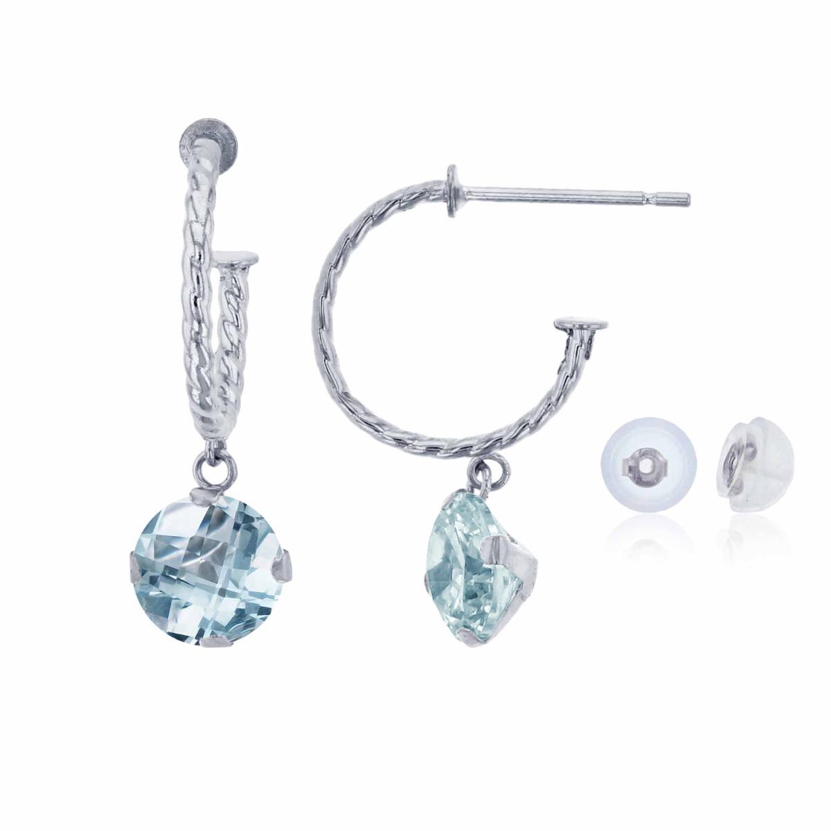 14K White Gold 12mm Rope Half-Hoop with 6mm Rd Aquamarine Martini Drop Earring with Silicone Back