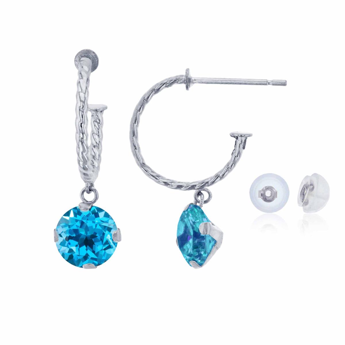 14K White Gold 12mm Rope Half-Hoop with 6mm Rd Swiss Blue Topaz Martini Drop Earring with Silicone Back