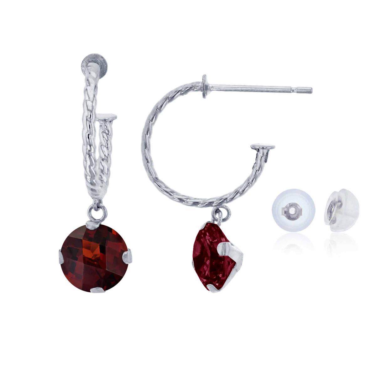 14K White Gold 12mm Rope Half-Hoop with 6mm Rd Garnet Martini Drop Earring with Silicone Back